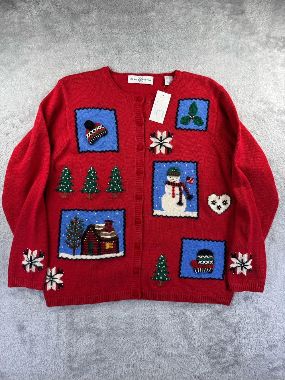 NWT Vintage Marisa Christina Christmas Snowman Patchwork Cardigan M
